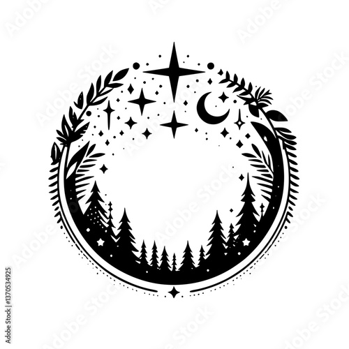 Celestial Forest Circle: Black & White Vector Illustration