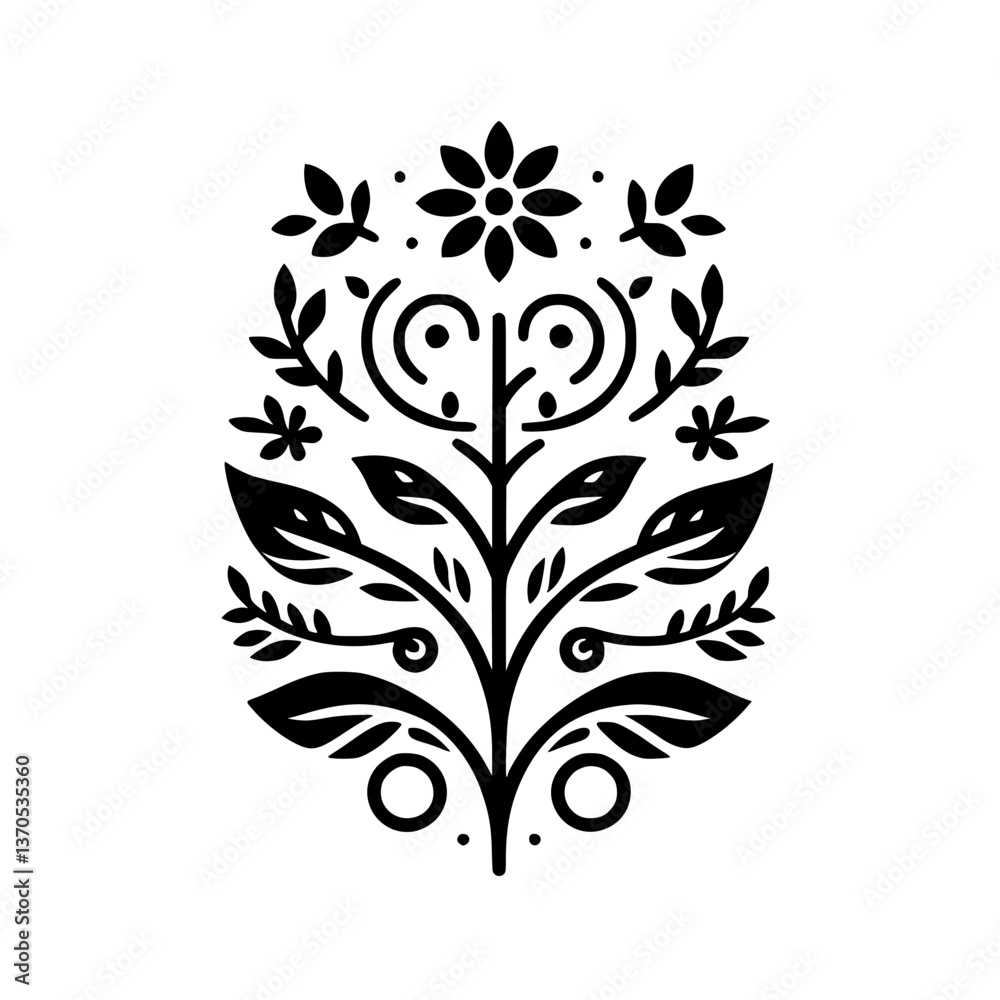 Obraz premium Minimalist Floral Emblem, Black & White, Folk Art Style