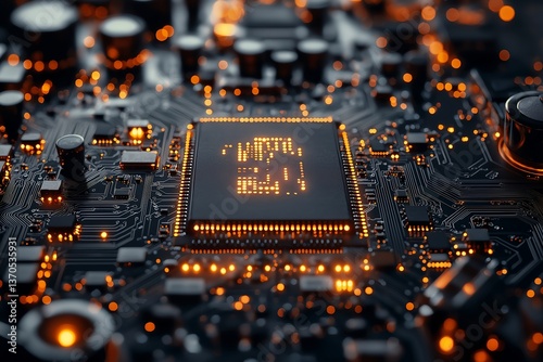 Close-Up of Advanced Microchip with Intricate Circuitry and Metallic Textures, Detailed Macro Shot of Cutting-Edge Technology, High-Tech Electronics Design