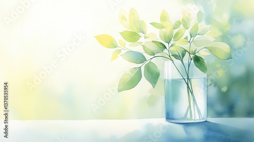 Fresh green leaves in a clear glass vase on a bright surface with soft light creating a serene atmosphere for relaxation and tranquility concept