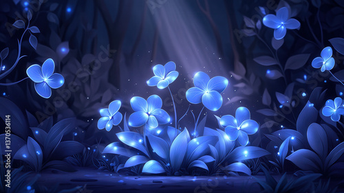 Enchanted blue flowers illuminated by soft light in a mystical forest setting, creating a serene atmosphere and showcasing nature's beauty, magical garden concept