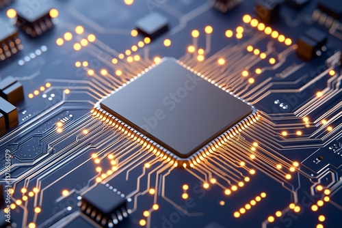 Close-Up of Advanced AI Microchip with Golden Circuitry, Illuminated Pathways, Cyberpunk-Inspired Neon Lights, Red and Blue Glowing Sectors, Intricate Transistors and Capacitors