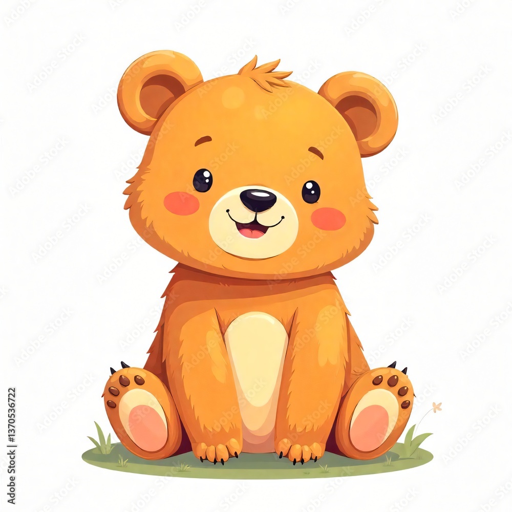 Fototapeta premium Adorable Cartoon Bear Cub Sitting on Grass Perfect for Children's Books and Cute Illustrations