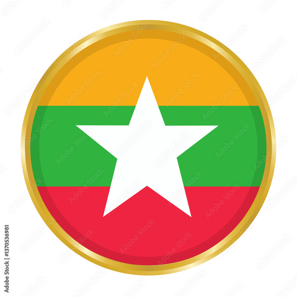 Round Flag of Myanmar with Golden Border, Myanmar Flag Button Round Flag of Myanmar with Golden Border, Myanmar Flag Button