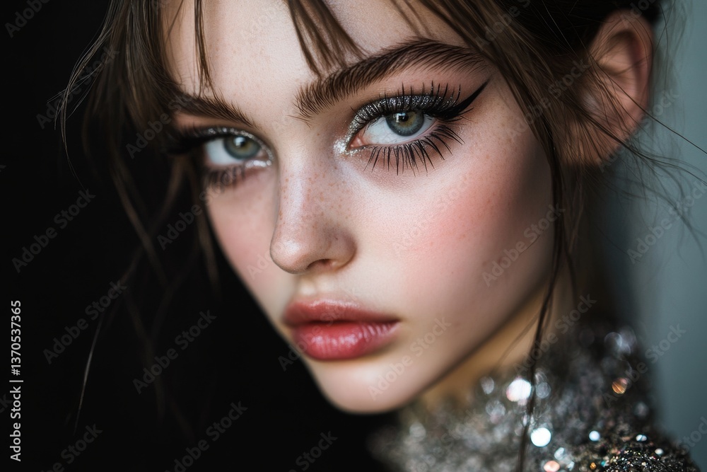 A model is shown in close-up, highlighting bold graphic eyeliner and a futuristic style in a cutting-edge fashion presentation A model is shown in close-up, highlighting bold graphic eyeliner and a futuristic style in a cutting-edge fashion presentation