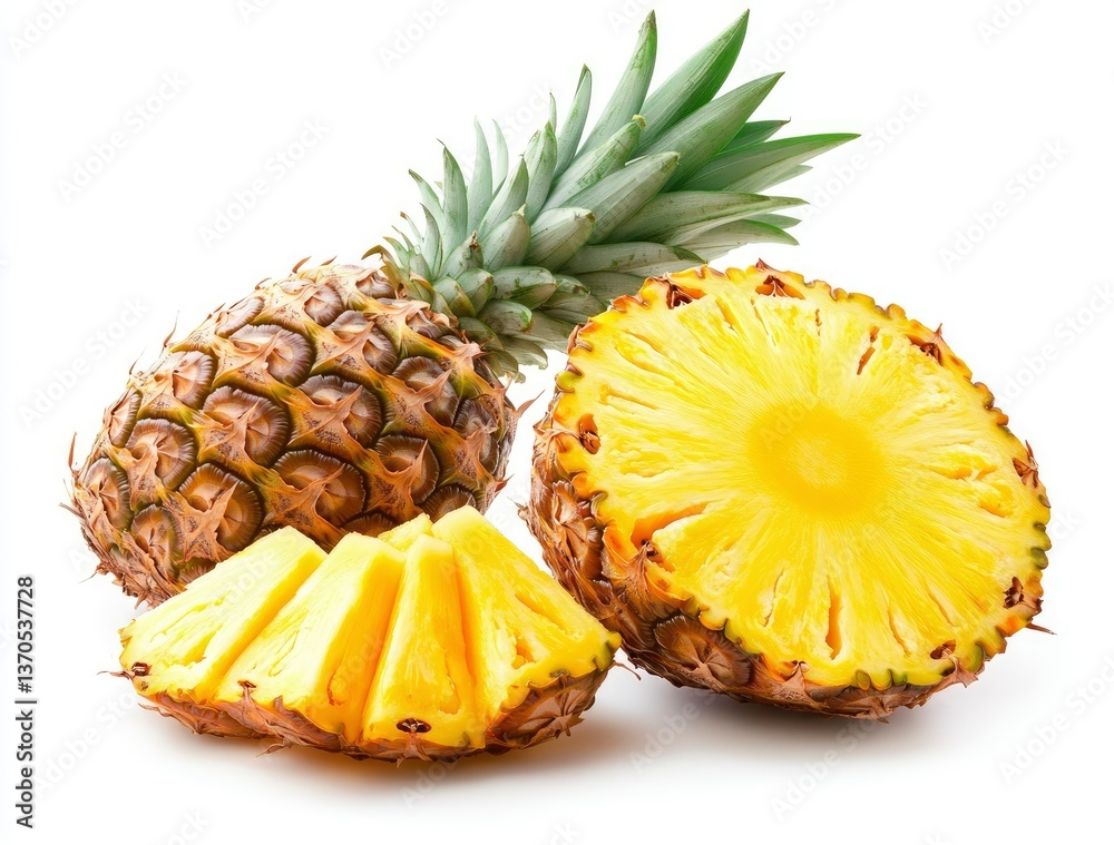 Fresh Pineapple Still Life with Sliced Pieces on White Background Fresh Pineapple Still Life with Sliced Pieces on White Background