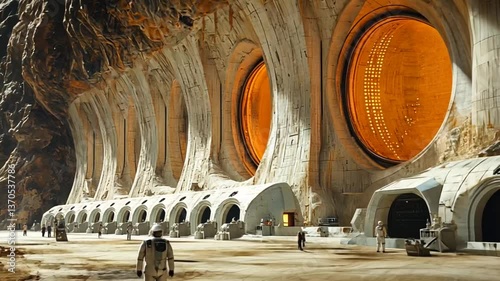 Martian Base Exterior; Astronauts exploring futuristic cave station