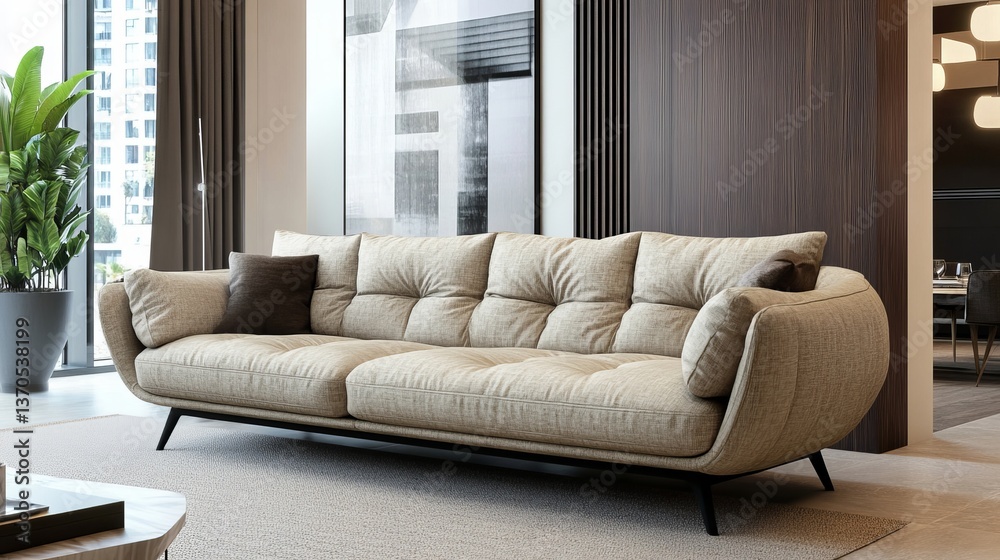 Fototapeta premium A modern living space boasts a beige sofa bed that converts, complemented by accent pillows, expansive windows offering a cityscape, and a contemporary coffee table situated on a rug with texture