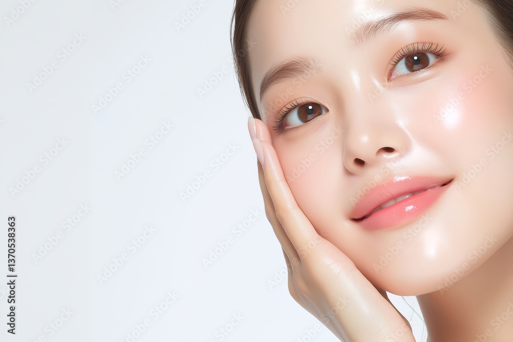 Close-Up Portrait of Asian Woman with Glowing Skin, Subtle Blush, and Glossy Lips, Gently Touching Cheek, Serene Expression, Minimalist Beauty Portrait with Neutral Background Close-Up Portrait of Asian Woman with Glowing Skin, Subtle Blush, and Glossy Lips, Gently Touching Cheek, Serene Expression, Minimalist Beauty Portrait with Neutral Background