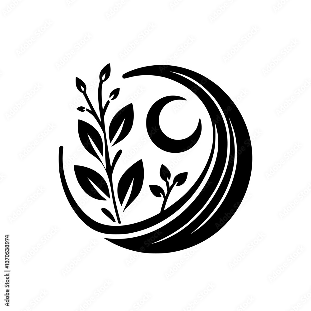 Fototapeta premium Elegant Black & White Nature Icon: Crescent Moon, Leaves & Vines