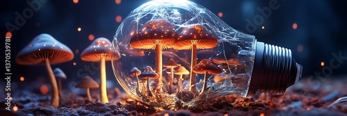 Whimsical Fairy Forest Thriving Inside a Broken Light Bulb Ethereal Glowing Mushrooms