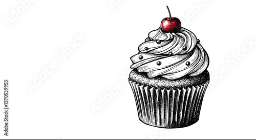 Cupcake with frosting and cherry on a white background