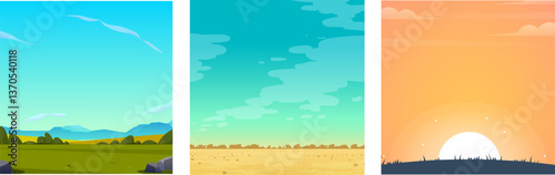 A set of tree scenic landscape illustrations featuring green fields, desert terrain, sunrise over grasslands. Perfect for nature, travel, and background designs.
