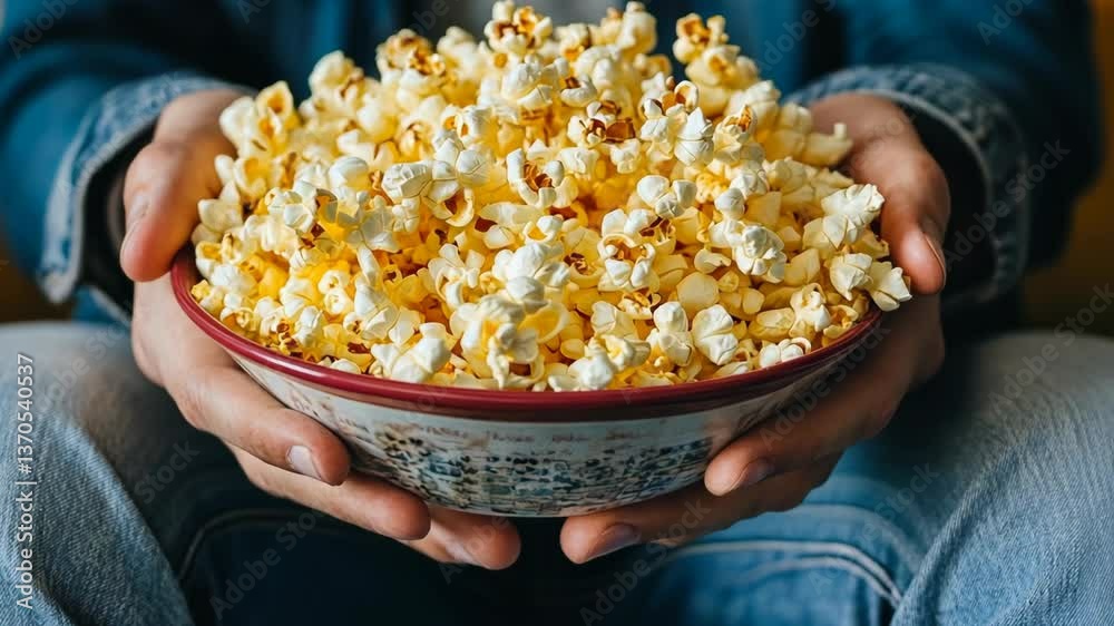 Holding a large bowl of popcorn while enjoying a cozy movie night at home with friends in the evening