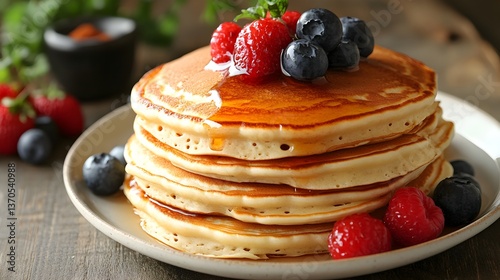 Wallpaper Mural A delicious stack of golden pancakes drizzled with maple syrup and topped with fresh raspberries and blueberries sits on a rustic wooden table. Torontodigital.ca
