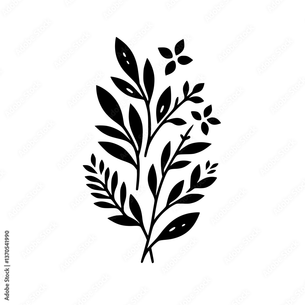 Minimalist Botanical Illustration: Black Leaves and Flowers on White