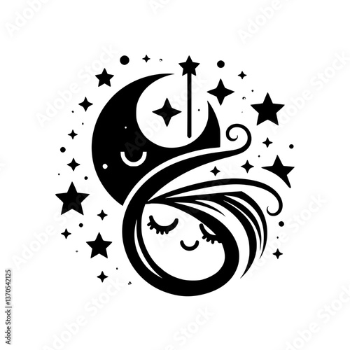 Celestial Dreamer: Whimsical Moon & Stars Vector Illustration