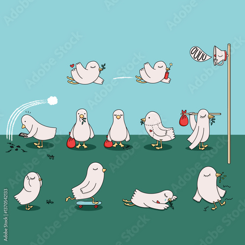 Cute Peace Dove Character in Different Situations Vector Illustration