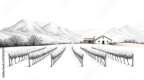 Winery Vineyard Winter Mountain Landscape.