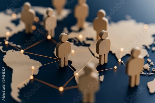 Global Business Network with Human Figures on World Map, Digital Glowing Connections Symbolizing International Teamwork, Corporate Strategy, Global Communication, International Collaboration
