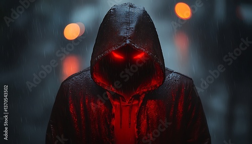 hooded figure rain city night