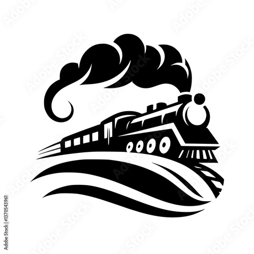 Vintage Steam Train Silhouette on Tracks – Black & White Illustration