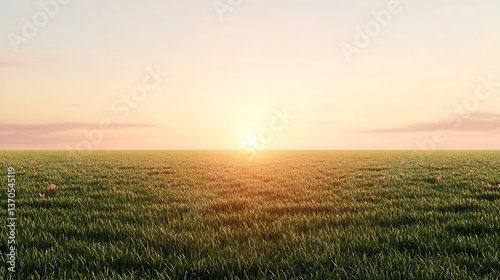 Scenic field of grass bathed in golden light from the setting sun creating a serene atmosphere