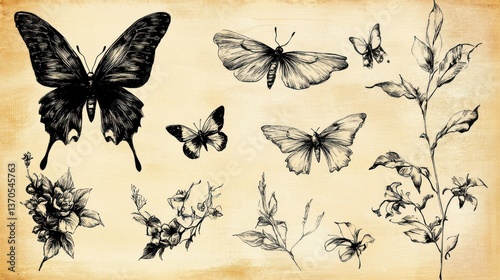 Vintage illustration of butterflies, flowers, and plants on aged paper.
