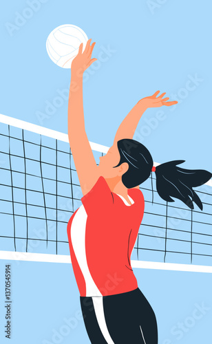 A female volleyball player in mid-leap reaches upward to spike a white volleyball over a net against a white background