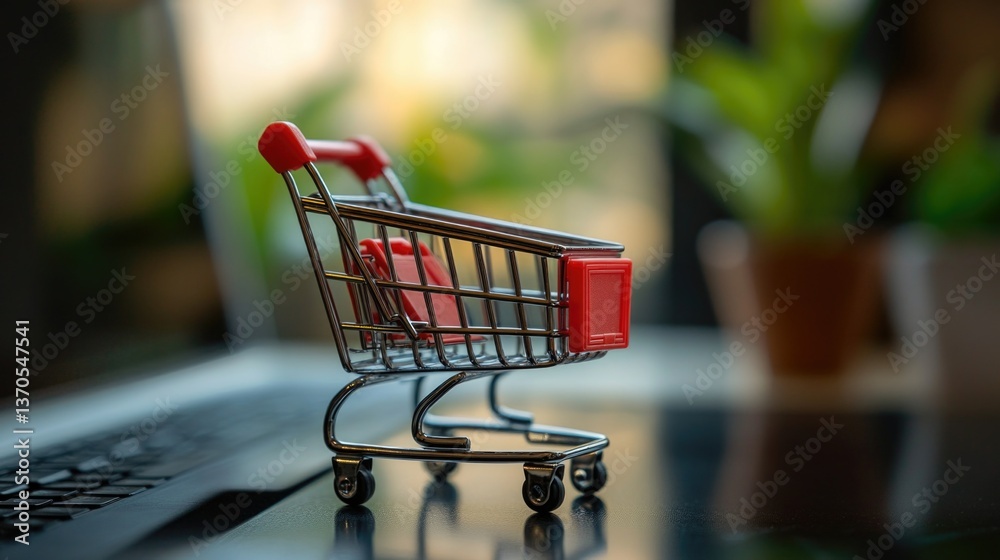 Miniature shopping cart sits on a desk surrounded by greenery as light filters through window, creating a serene workspace moment Miniature shopping cart sits on a desk surrounded by greenery as light filters through window, creating a serene workspace moment
