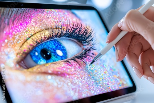 Digital Art Creation with Stylus on Tablet, Artist Using High-Resolution Device to Create Intricate Vibrant Artwork, Digital Painting, Creative Process, Digital Drawing Tools