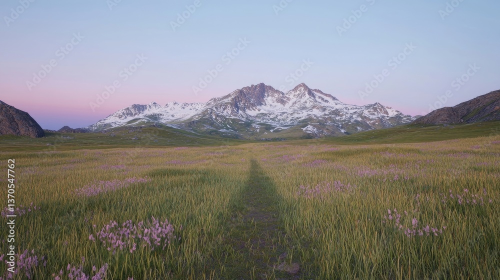 Fototapeta premium Sunrise meadow path to snow-capped mountain
