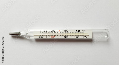 Close-up of a classic mercury thermometer against a crisp white backdrop