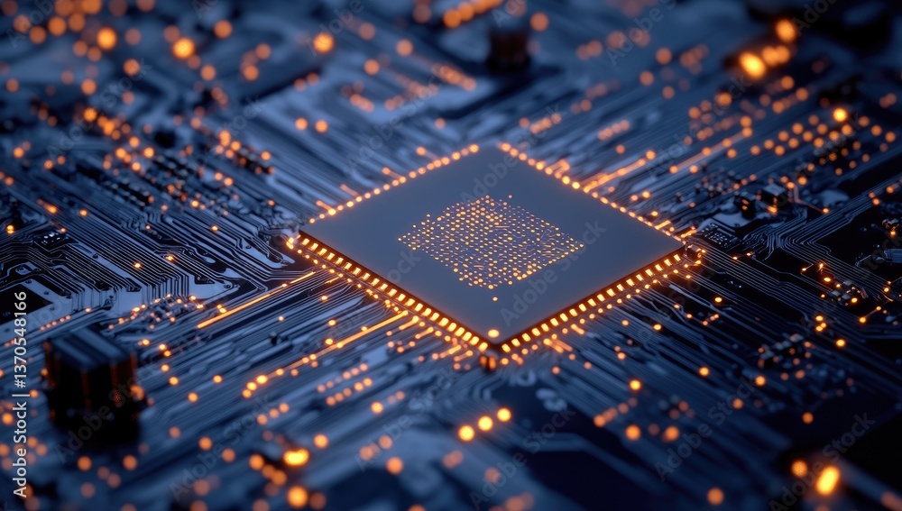 Closeup Glowing Computer Chip On Circuit Board Closeup Glowing Computer Chip On Circuit Board