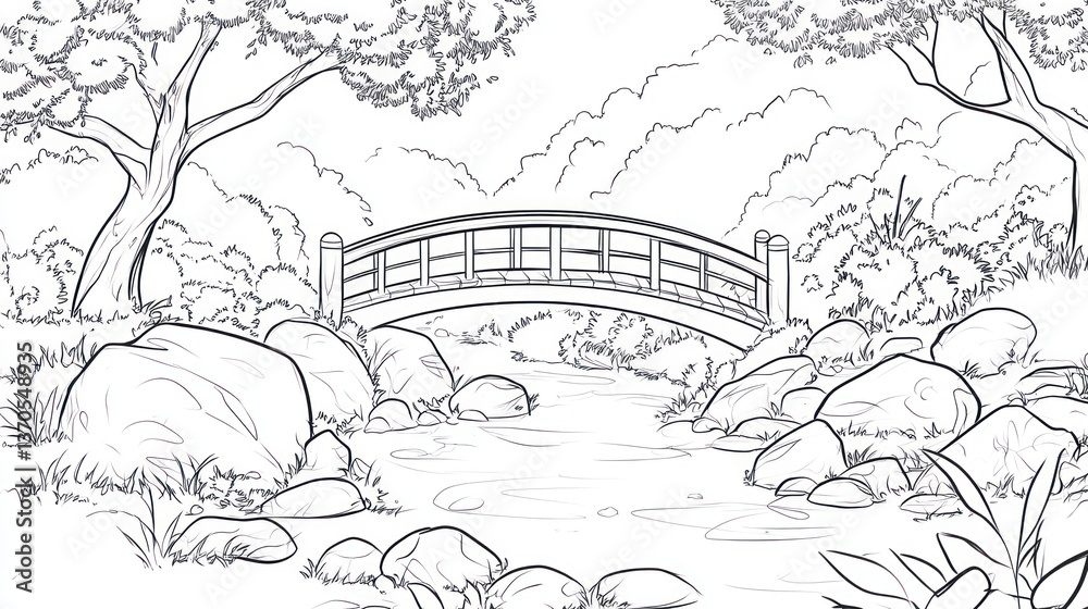 Naklejka premium Peaceful stream with arched bridge through a forest scene; nature background for use in education, coloring, or design