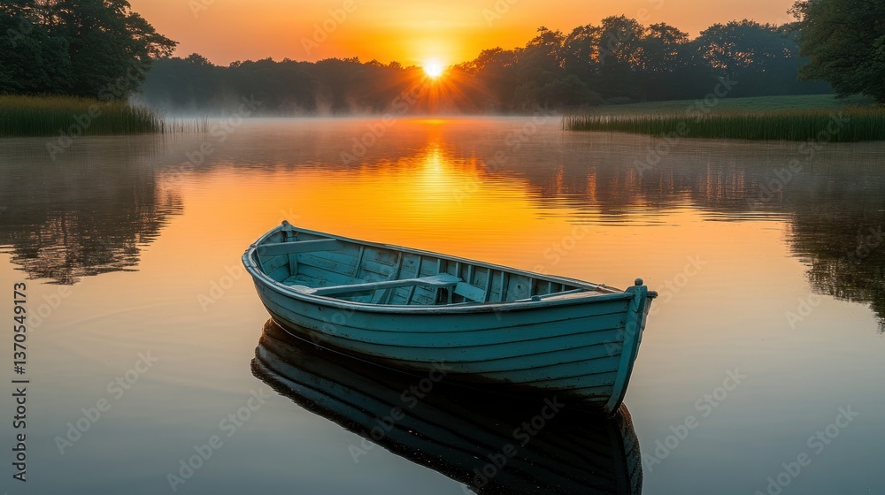 Obraz premium Peaceful sunrise over tranquil lake with a small boat