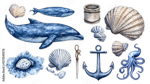 Wallpaper Mural Ocean's Treasures: A watercolor illustration depicts a collection of marine elements. Featuring dolphins, seashells, octopus, anchor, and other aquatic life and objects. Torontodigital.ca