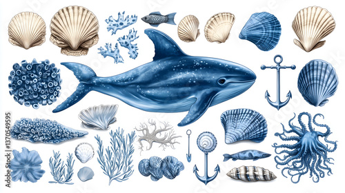 Wallpaper Mural Marine Treasures: A collection of nautical elements comes to life, showcasing the wonders of the sea and creating a captivating visual experience. Torontodigital.ca
