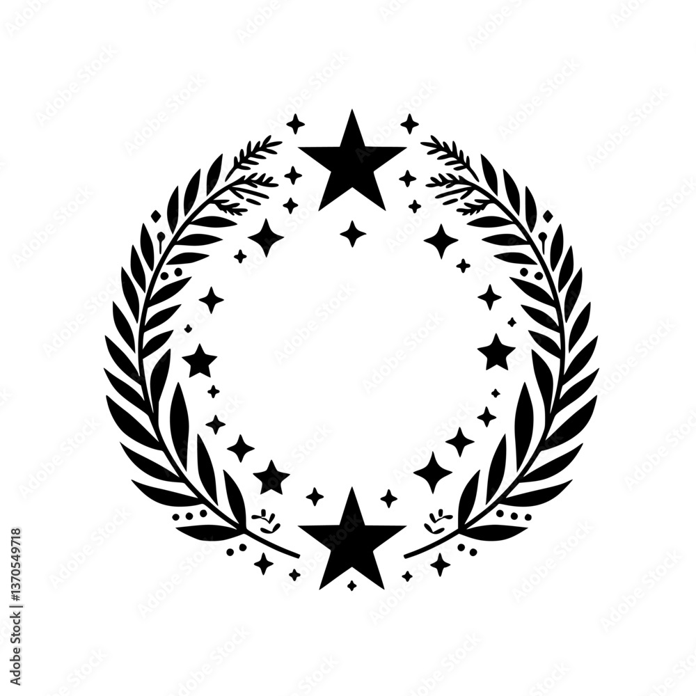 Fototapeta premium Black and White Wreath Illustration with Stars and Leaves, Minimalist Design