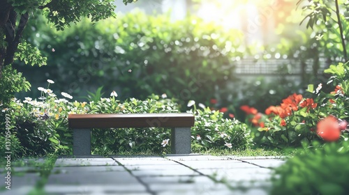 Serene Wooden Park Bench in a Lush Garden Setting Perfect for Relaxation