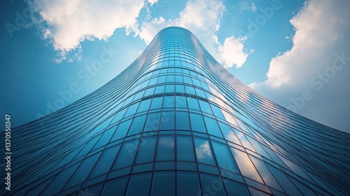 Curved Glass Skyscraper Against a Blue Sky