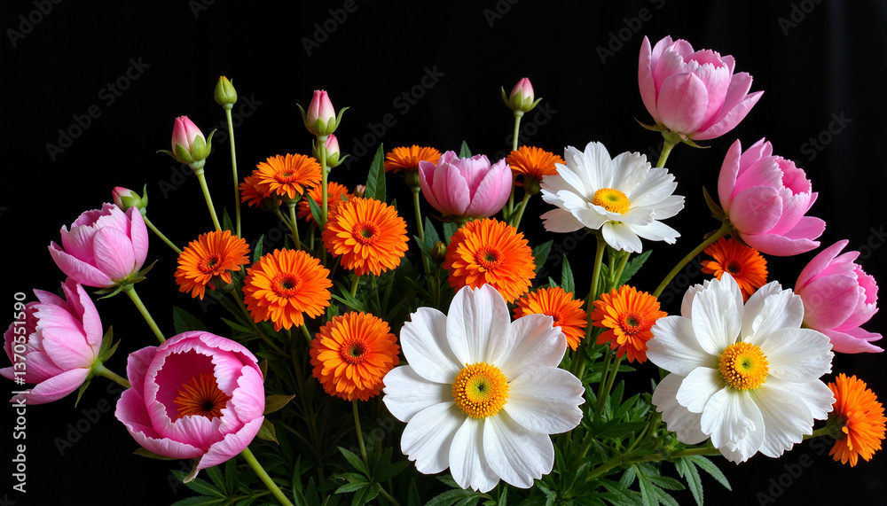 Fototapeta premium Vibrant bouquet of cosmos and peonies on black background, floral beauty