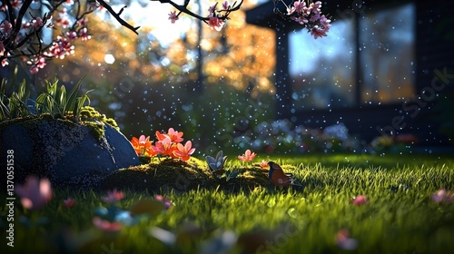 Serene Spring Garden Scene Blossoming Flowers Butterflies and a Bird Resting on Mossy Rock