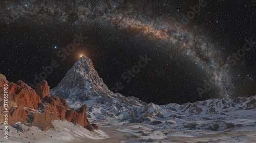 Majestic mountain range and glowing stars beneath the galaxys night sky