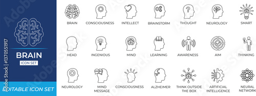 Brain Line Icon Set - vector illustration.