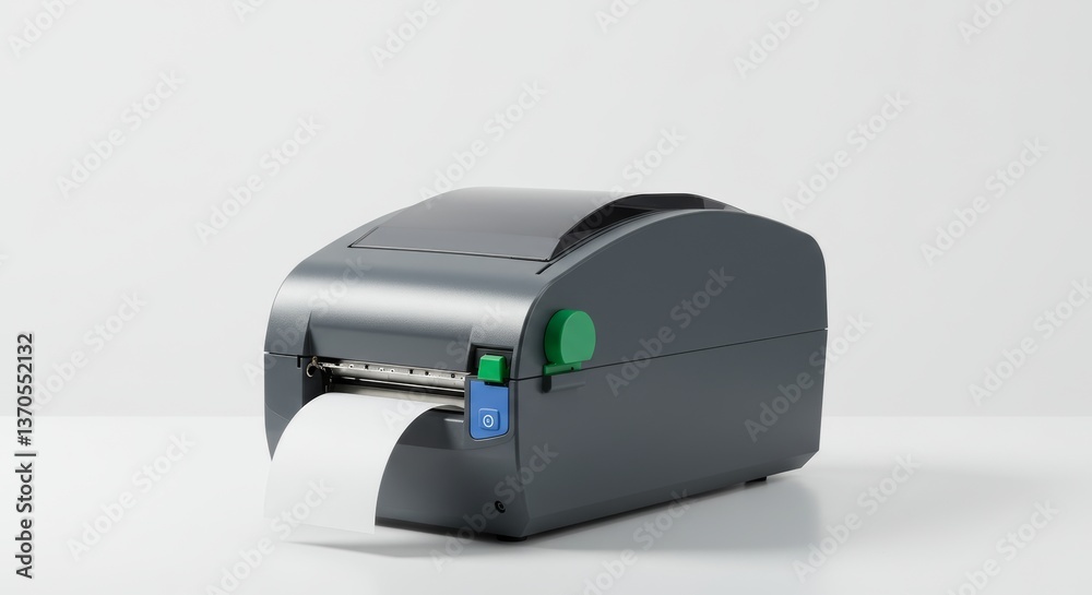 Barcode printer on a white background symbolizing retail automation and technology Barcode printer on a white background symbolizing retail automation and technology
