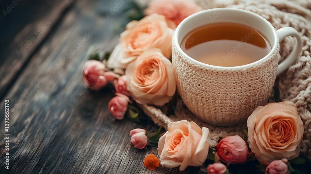 A warm cup of tea sits led in a cozy knitted sweater surrounded by delicate peach roses on a rustic wooden table. A warm cup of tea sits led in a cozy knitted sweater surrounded by delicate peach roses on a rustic wooden table.