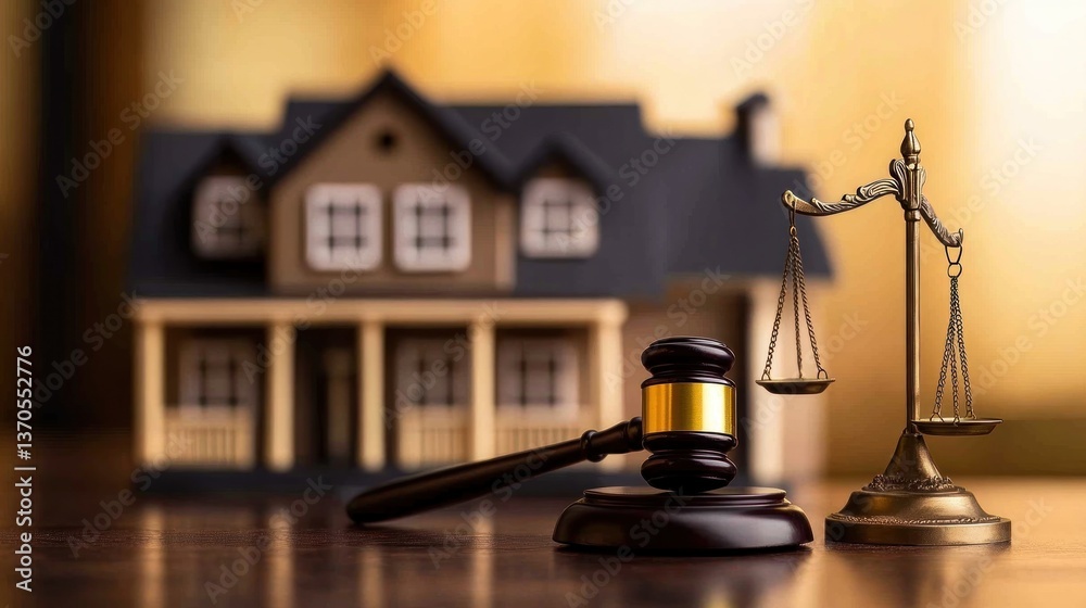 Real Estate Law, Justice, Scales, and Gavel in Front of a House Model Real Estate Law, Justice, Scales, and Gavel in Front of a House Model
