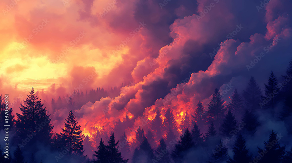 Naklejka premium A forest engulfed in flames with thick smoke rising