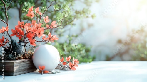 Serene Spring Blossom Scene White Sphere and Orange Flowers in Wooden Box